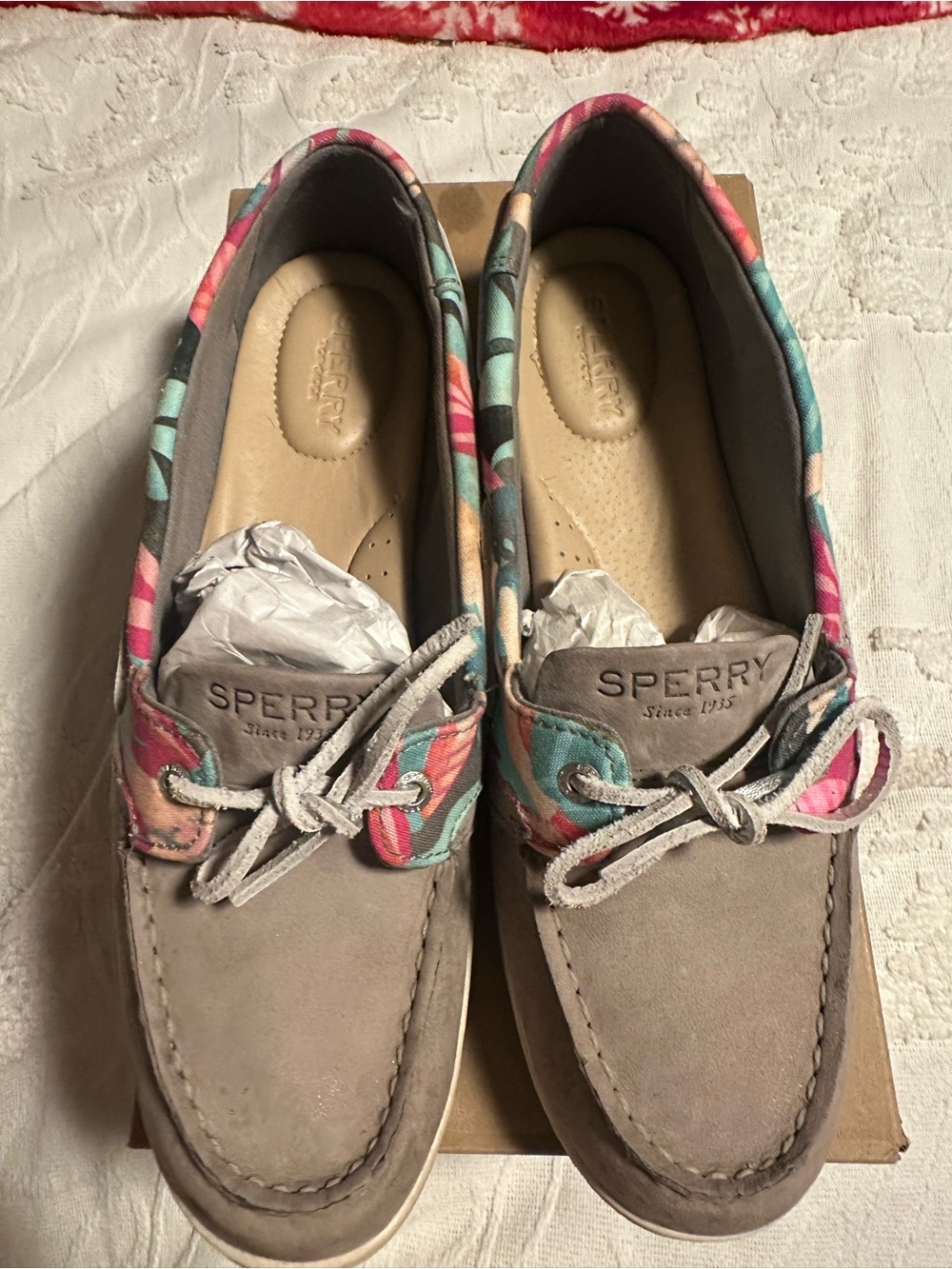 Sperry Taupe Suede Moccasins with Pink and Teal Floral Trim